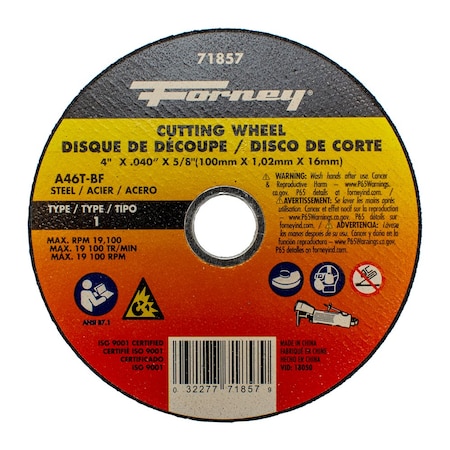 Forney Cut-Off Wheel, Metal, Type 1, 4 in x .040 in x 5/8 in 71857